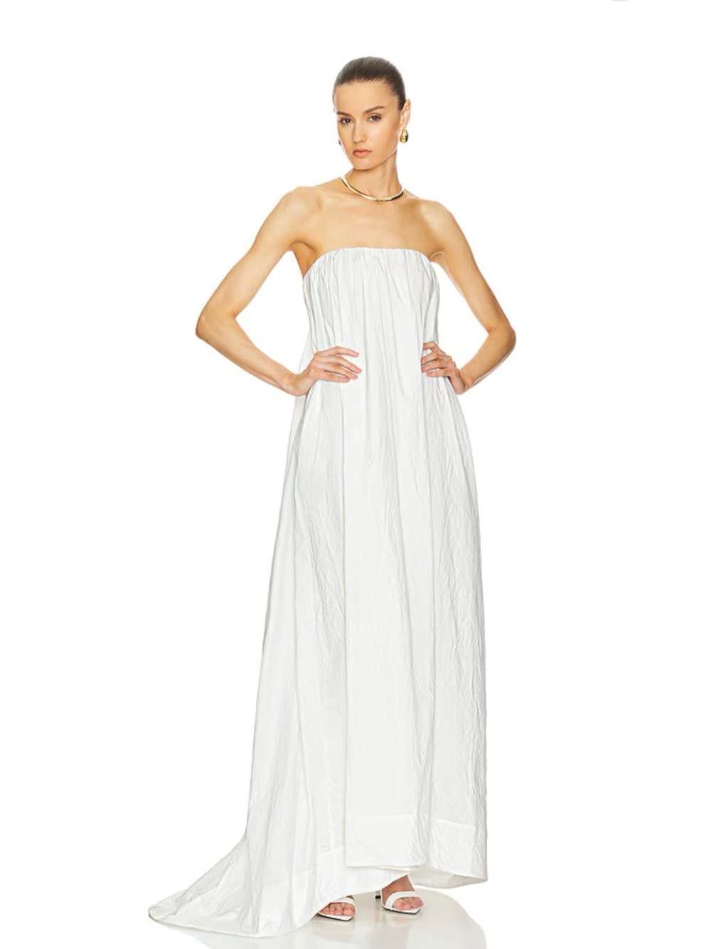 Helsa White Cotton Poplin Pleated Strapless Hi-Low Long Trapeze Maxi Gown Small